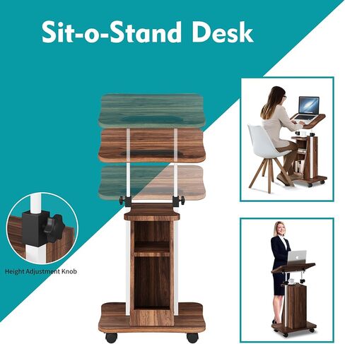 حامل Shintenchi Mobile Podium، عربة كمبيوتر محمول متدحرجة مع ارتفاع قابل للتعديل، حامل كمبيوتر محمول مع سدادة علوية دوارة وحافة، مكتب كمبيوتر محمول قائم على عجلات، أسود in Kuwait