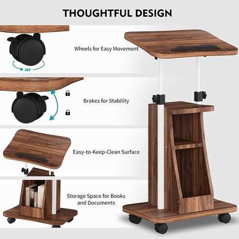 حامل Shintenchi Mobile Podium، عربة كمبيوتر محمول متدحرجة مع ارتفاع قابل للتعديل، حامل كمبيوتر محمول مع سدادة علوية دوارة وحافة، مكتب كمبيوتر محمول قائم على عجلات، أسود in Kuwait