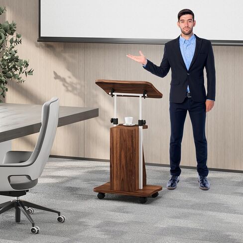 حامل Shintenchi Mobile Podium، عربة كمبيوتر محمول متدحرجة مع ارتفاع قابل للتعديل، حامل كمبيوتر محمول مع سدادة علوية دوارة وحافة، مكتب كمبيوتر محمول قائم على عجلات، أسود in Kuwait