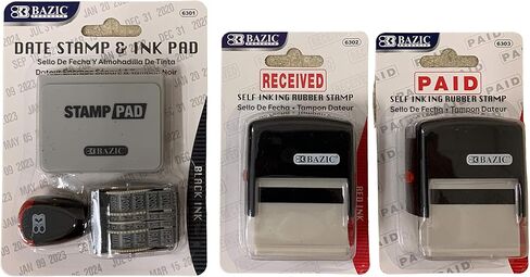 Rubber Date Stamp and Pad Bundle with Received and Paid Stamps Total of Three Stampers in Saudi Arabia