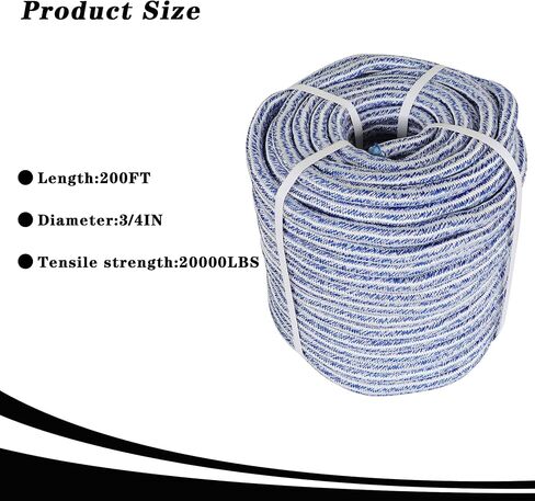 3/4 x 200FT, High Force Braided Polyester Arborist Tree Rope, 24 Strand Bull Rope, Extra Abrasion Resistant, UV Resistant Heavy Duty Tree Rope for Swings,Camping(Blue and White) in Saudi Arabia