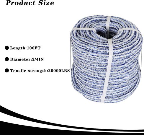 3/4 x 200FT, High Force Braided Polyester Arborist Tree Rope, 24 Strand Bull Rope, Extra Abrasion Resistant, UV Resistant Heavy Duty Tree Rope for Swings,Camping(Blue and White) in Saudi Arabia