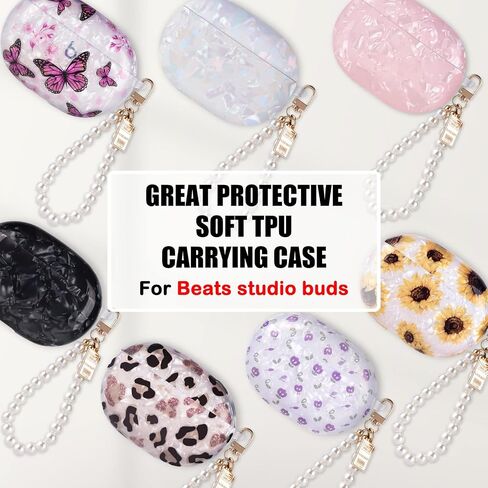 Glitter Marble Shell Design for Beats Studio Buds with Pearl Wrist Chain Keychain Sparkle Protective Skin Cover in Saudi Arabia