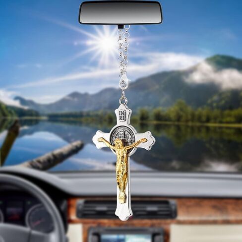 Cross Pendant for Car Rear View Mirror Hanging Ornaments Cross Charm Car Interior Mirror Accessories Decor Ornament Jesus Cross Necklace Men Women Christian Gifts Accessory (Cross+Ring) in Saudi Arabia