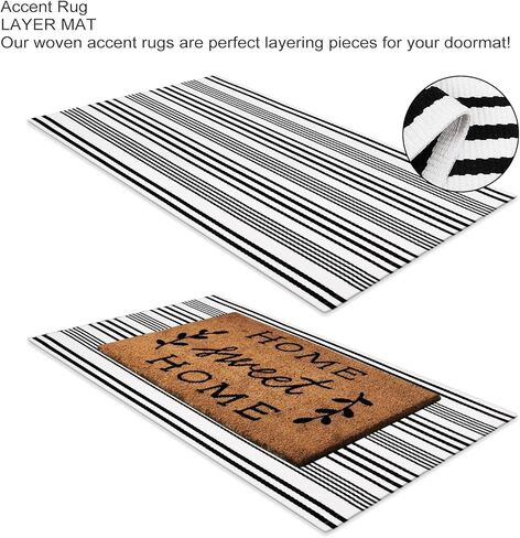 LEEVAN Black and White Striped Rug 2'x4.3', Outdoor Washable Door Mat for Entrance, Reversible Front Door Rug Farmhouse Striped Layered Mats for Entrance/Porch/Kitchen in Kuwait