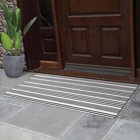 LEEVAN Black and White Striped Rug 2'x4.3', Outdoor Washable Door Mat for Entrance, Reversible Front Door Rug Farmhouse Striped Layered Mats for Entrance/Porch/Kitchen in Kuwait