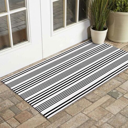 LEEVAN Black and White Striped Rug 2'x4.3', Outdoor Washable Door Mat for Entrance, Reversible Front Door Rug Farmhouse Striped Layered Mats for Entrance/Porch/Kitchen in Kuwait