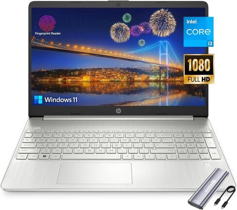 HP Laptop, 15.6" FHD Screen, Intel Core i3-1215U Processor, 16GB RAM, 1TB SSD, HDMI, Webcam, Wi-Fi, Bluetooth, Fingerprint Reader, HDMI, Type-C, Skyerd 128GB NVMe Portable SSD, Windows 11 H,Silver in Saudi Arabia