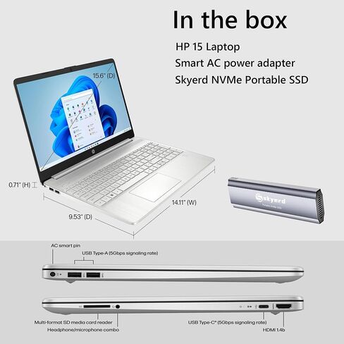 HP Laptop, 15.6" FHD Screen, Intel Core i3-1215U Processor, 16GB RAM, 1TB SSD, HDMI, Webcam, Wi-Fi, Bluetooth, Fingerprint Reader, HDMI, Type-C, Skyerd 128GB NVMe Portable SSD, Windows 11 H,Silver in Saudi Arabia