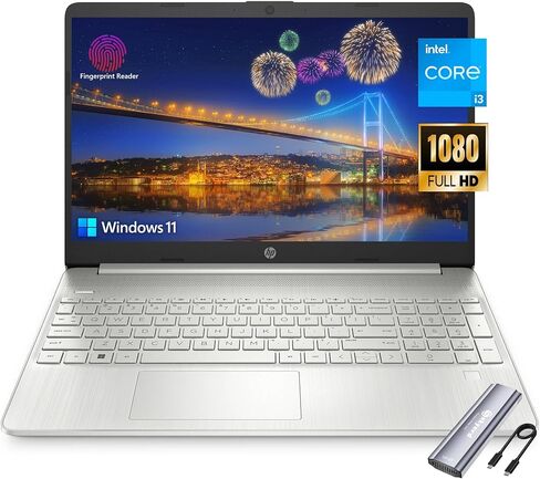 HP Laptop, 15.6" FHD Screen, Intel Core i3-1215U Processor, 16GB RAM, 1TB SSD, HDMI, Webcam, Wi-Fi, Bluetooth, Fingerprint Reader, HDMI, Type-C, Skyerd 128GB NVMe Portable SSD, Windows 11 H,Silver in Saudi Arabia