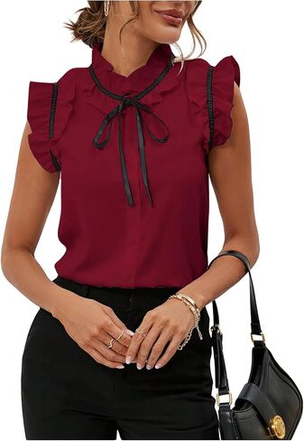 Women's Work Office Blouse Elegant Bow Tie Neck Ruffle Trim Vintage Blouse Business Casual Shirt Top in Kuwait