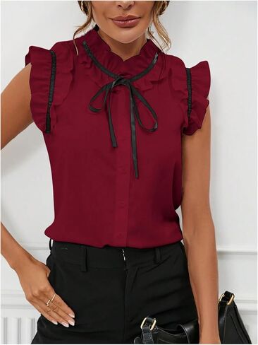 Women's Work Office Blouse Elegant Bow Tie Neck Ruffle Trim Vintage Blouse Business Casual Shirt Top in Kuwait