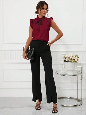 Women's Work Office Blouse Elegant Bow Tie Neck Ruffle Trim Vintage Blouse Business Casual Shirt Top in Kuwait