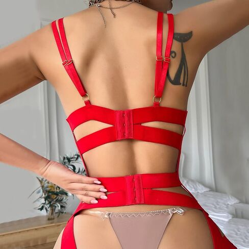 Sexy Lingerie for Women Strappy Harness Bodysuits Cut Out Ring Linked Bondaged Bandage Teddy Babydoll with Leg Ring in Kuwait