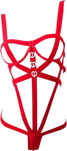 Sexy Lingerie for Women Strappy Harness Bodysuits Cut Out Ring Linked Bondaged Bandage Teddy Babydoll with Leg Ring in Kuwait