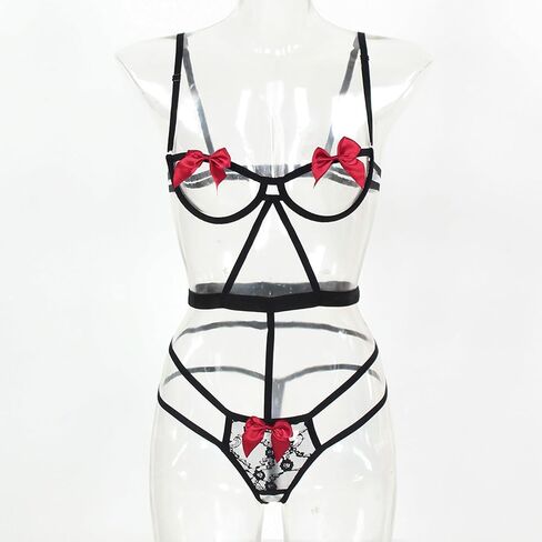 Sexy Lingerie for Women Strappy Harness Bodysuits Cut Out Ring Linked Bondaged Bandage Teddy Babydoll with Leg Ring in Kuwait