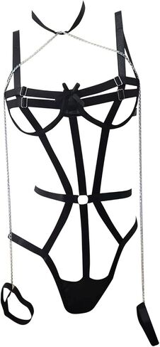 Sexy Lingerie for Women Strappy Harness Bodysuits Cut Out Ring Linked Bondaged Bandage Teddy Babydoll with Leg Ring in Kuwait