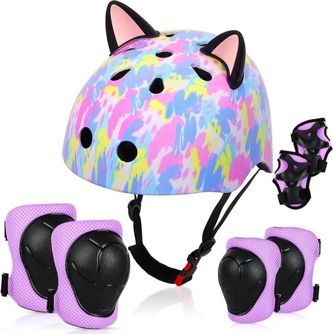 Kids Helmet, Bike Helmets for Kids 8-14 with Knee Pads and Elbow Pads Wrist Guards, Youth Girls Adjustable Bike Helmet with DIY Cat Ears Skateboard Helmet for Scooter Skating Cycling in Saudi Arabia