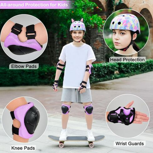 Kids Helmet, Bike Helmets for Kids 8-14 with Knee Pads and Elbow Pads Wrist Guards, Youth Girls Adjustable Bike Helmet with DIY Cat Ears Skateboard Helmet for Scooter Skating Cycling in Saudi Arabia