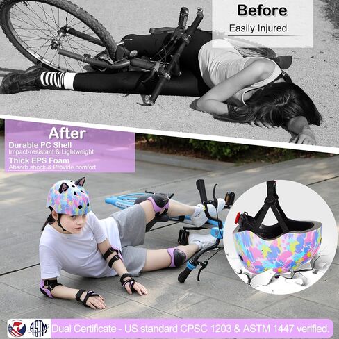 Kids Helmet, Bike Helmets for Kids 8-14 with Knee Pads and Elbow Pads Wrist Guards, Youth Girls Adjustable Bike Helmet with DIY Cat Ears Skateboard Helmet for Scooter Skating Cycling in Saudi Arabia