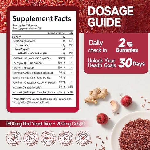 ريد الخميرة رايس 1800mg & coq10 200mg gummies ، 8-in-1 خالية من السكر مع أوميغا 3 ، هاوثورن ، القلب والكوليسترول الدعم-60 gummies in Kuwait
