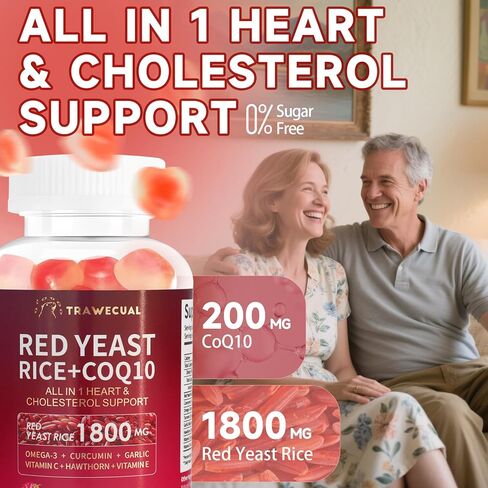 ريد الخميرة رايس 1800mg & coq10 200mg gummies ، 8-in-1 خالية من السكر مع أوميغا 3 ، هاوثورن ، القلب والكوليسترول الدعم-60 gummies in Kuwait
