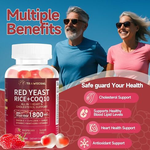 ريد الخميرة رايس 1800mg & coq10 200mg gummies ، 8-in-1 خالية من السكر مع أوميغا 3 ، هاوثورن ، القلب والكوليسترول الدعم-60 gummies in Kuwait