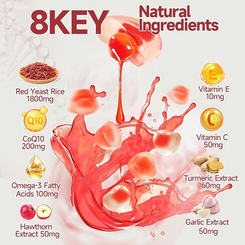 ريد الخميرة رايس 1800mg & coq10 200mg gummies ، 8-in-1 خالية من السكر مع أوميغا 3 ، هاوثورن ، القلب والكوليسترول الدعم-60 gummies in Kuwait