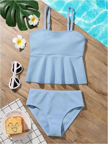 QJQ Girl's 2 Piece High Waisted Swimsuits Ruffle Waffle Bathing Suit Summer Cute Bikini Sets in Saudi Arabia