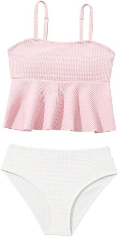 QJQ Girl's 2 Piece High Waisted Swimsuits Ruffle Waffle Bathing Suit Summer Cute Bikini Sets in Saudi Arabia