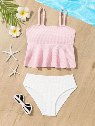 QJQ Girl's 2 Piece High Waisted Swimsuits Ruffle Waffle Bathing Suit Summer Cute Bikini Sets in Saudi Arabia