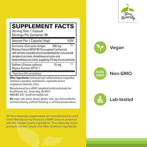 Terry Naturally Saffron Lift + Curcumin - Herbal Supplement with Curcumin - Non-GMO Saffron & Brain Curcumin Capsules - Concentration & Relaxation Support Supplement - 60 Capsules in Saudi Arabia