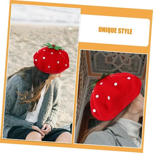 SAFIGLE Cute Strawberry Beret Hat for Kawaii Wool Blend Cap for Parties Travel Daily Wear Lightweight Stylish Accessory for Themed Events in Saudi Arabia