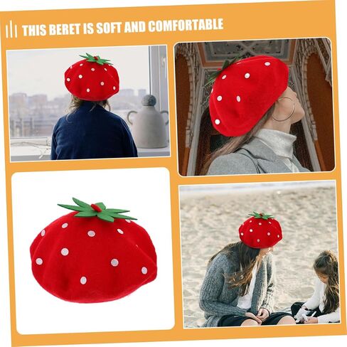 SAFIGLE Cute Strawberry Beret Hat for Kawaii Wool Blend Cap for Parties Travel Daily Wear Lightweight Stylish Accessory for Themed Events in Saudi Arabia