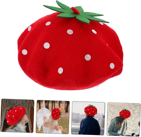 SAFIGLE Cute Strawberry Beret Hat for Kawaii Wool Blend Cap for Parties Travel Daily Wear Lightweight Stylish Accessory for Themed Events in Saudi Arabia