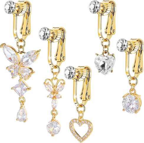 5 Pcs Butterfly Heart Gold Fake Belly Piercing Ring for Women Fake Faux Belly Button Piercing Clip Surgical Button Ring Earrings Non Piercing Jewelry Navel Rings for Women in Saudi Arabia