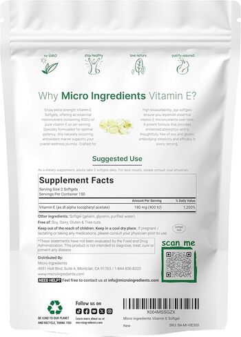 المكونات الدقيقة فيتامين E 400 IU ، 300 SoftGels | حبوب زيت فيتامين هـ نقي | مكملات مضادات الأكسدة للجلد والوجه والقلب والصحة المناعية | غير المعدلة وراثيا ، خالية من الغلوتين in Saudi Arabia