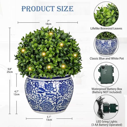 DILATATA Preserved Boxwood Ball in Blue and White Ceramic Pot, Boxwood in Planters Preserved Plant Topiary for Table Centerpiece Indoor Plant Home Decor in Kuwait