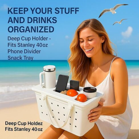 Top Cup & Phone Holder Tray – Compatible with Bogg Bag XL – Waterproof EVA Tabletop Organizer for Stanley 40oz, Snacks, Drinks, Beach & Travel Essentials (White) in Saudi Arabia