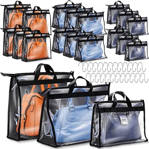 Chumia 20 Pack Dust Bags for Handbags Clear Handbag Storage Organizer, 3 Sizes Purse Storage Organizer for Closets Dust Cover Purse Protector Bag with Zipper and Handles with 25 Pcs S Hooks (Black) in Kuwait