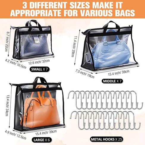 Chumia 20 Pack Dust Bags for Handbags Clear Handbag Storage Organizer, 3 Sizes Purse Storage Organizer for Closets Dust Cover Purse Protector Bag with Zipper and Handles with 25 Pcs S Hooks (Black) in Kuwait