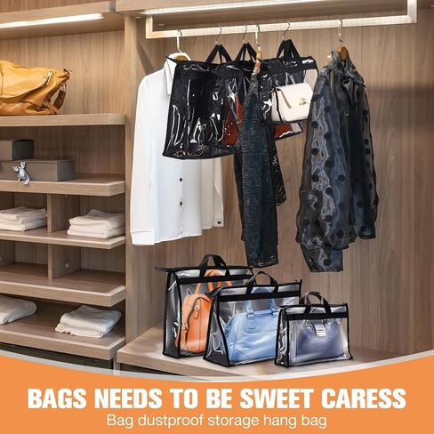 Chumia 20 Pack Dust Bags for Handbags Clear Handbag Storage Organizer, 3 Sizes Purse Storage Organizer for Closets Dust Cover Purse Protector Bag with Zipper and Handles with 25 Pcs S Hooks (Black) in Kuwait