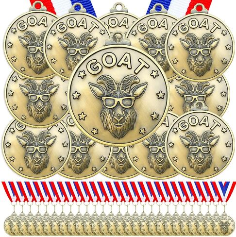 Remuuly 30 Pcs Greatest of All Time Medals 3D Goat Medal Award Gold Champ Medal Gift with Neck Ribbon Football MVP Trophy Pendant Medal for Tournament League Champion Winner in Saudi Arabia