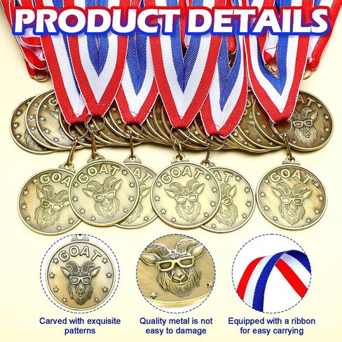 Remuuly 30 Pcs Greatest of All Time Medals 3D Goat Medal Award Gold Champ Medal Gift with Neck Ribbon Football MVP Trophy Pendant Medal for Tournament League Champion Winner in Saudi Arabia