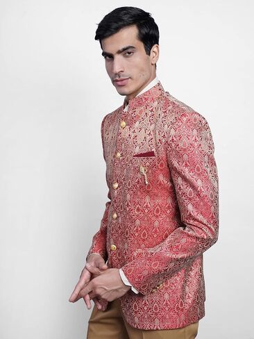 Wintage Men's Banarasi Rayon Cotton Cotton Festive and Disual Bandhgala Jodhpuri Blazer: Red1 in Kuwait