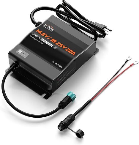 LiTime 12V(14.6V) & 16V(18.25V) 20A Mountable LiFePO4 Battery Charger - IP65 Waterproof AC to DC Fast Charger with Adjustable Voltage, Smart BMS Activation & LED Indicator in Kuwait