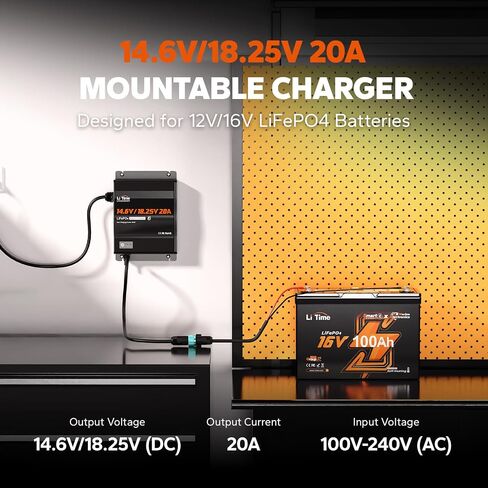 LITIME 12V (14.6V) و 16V (18.25V) 20A شاحن بطارية LifePo4 القابل للتركيب - IP65 AC AC إلى الشاحن السريع DC مع الجهد القابل للتعديل ، وتفعيل BMS الذكي ومؤشر LED in Saudi Arabia
