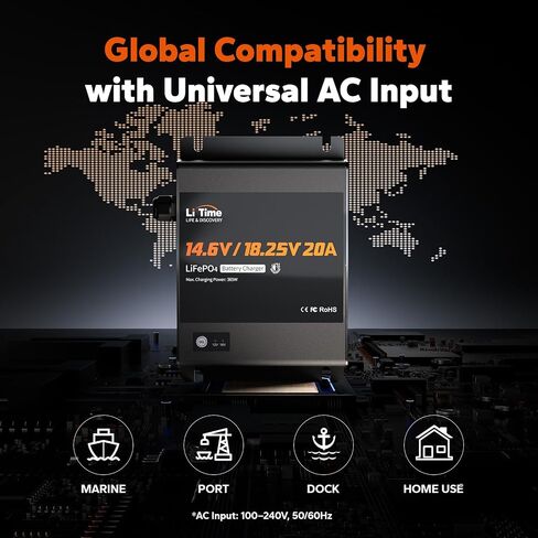 LITIME 12V (14.6V) و 16V (18.25V) 20A شاحن بطارية LifePo4 القابل للتركيب - IP65 AC AC إلى الشاحن السريع DC مع الجهد القابل للتعديل ، وتفعيل BMS الذكي ومؤشر LED in Saudi Arabia