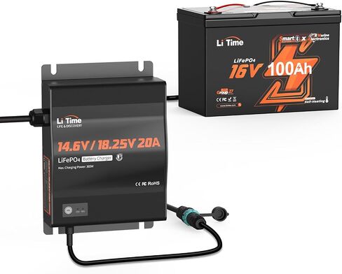LITIME 12V (14.6V) و 16V (18.25V) 20A شاحن بطارية LifePo4 القابل للتركيب - IP65 AC AC إلى الشاحن السريع DC مع الجهد القابل للتعديل ، وتفعيل BMS الذكي ومؤشر LED in Saudi Arabia