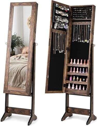 Giantex Jewelry Cabinet with Full-Length Mirror, Standing Jewelry Armoire Organizer with 64 Earring Slots, 20 Necklace Hooks, 72 Ring Slots, 4 Storage Shelves, 3 Angle Adjustable, Rustic Brown in Saudi Arabia